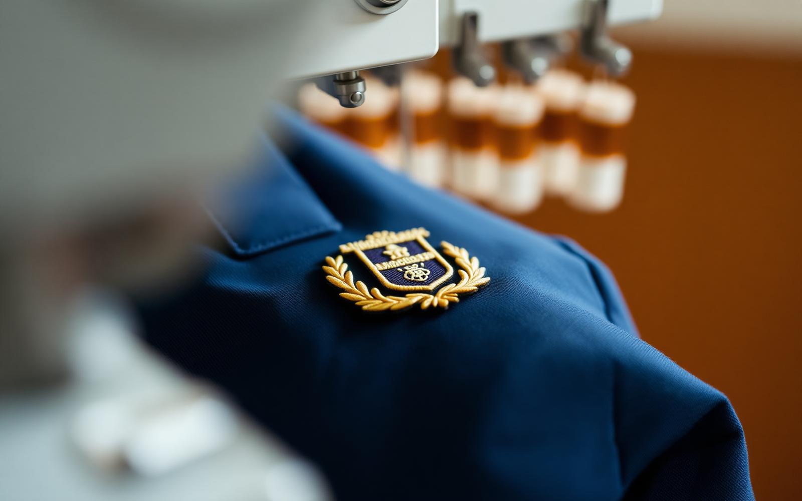 Embroidered school crest on a navy blazer