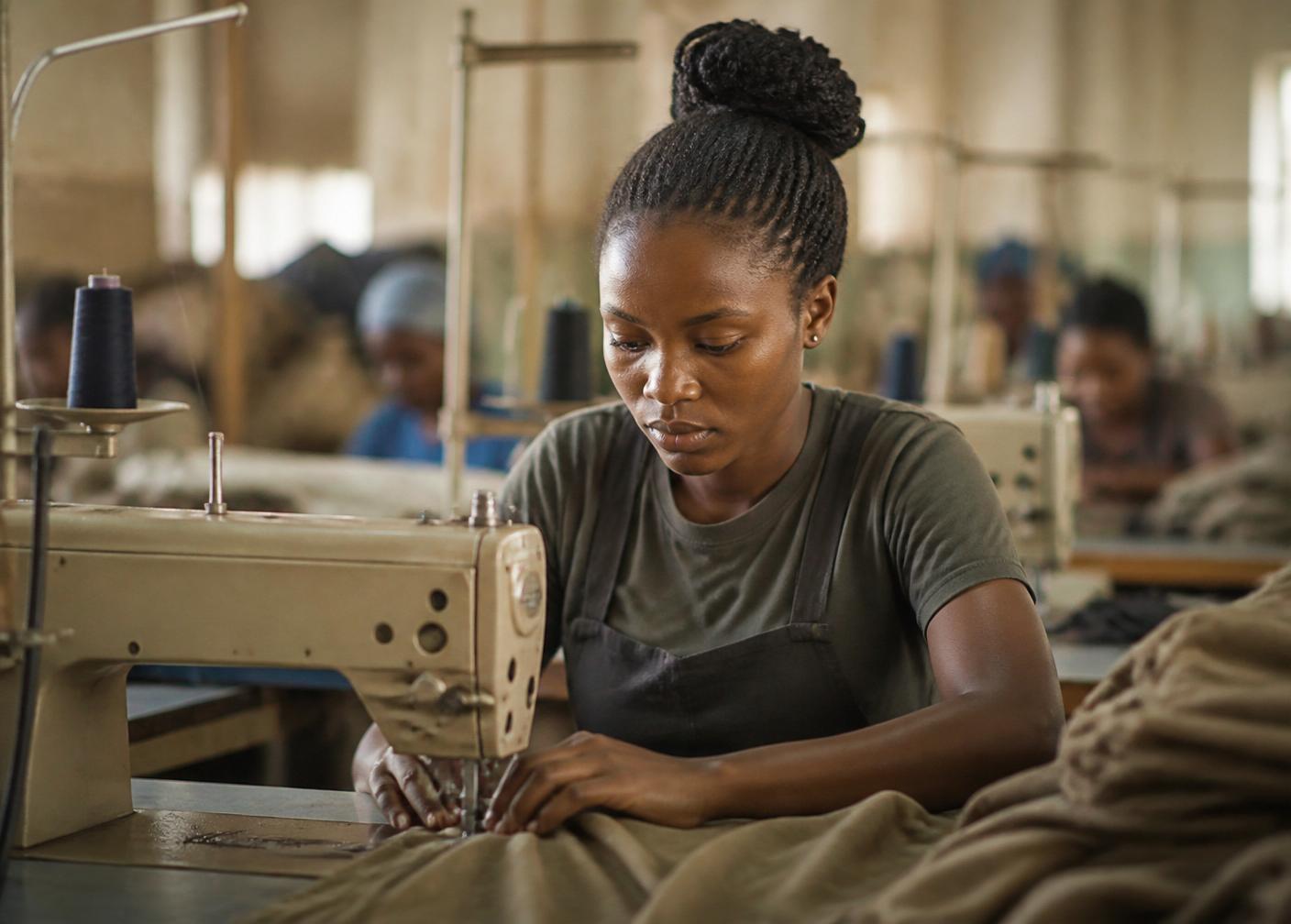 A young woman working at an industrial sewing machine